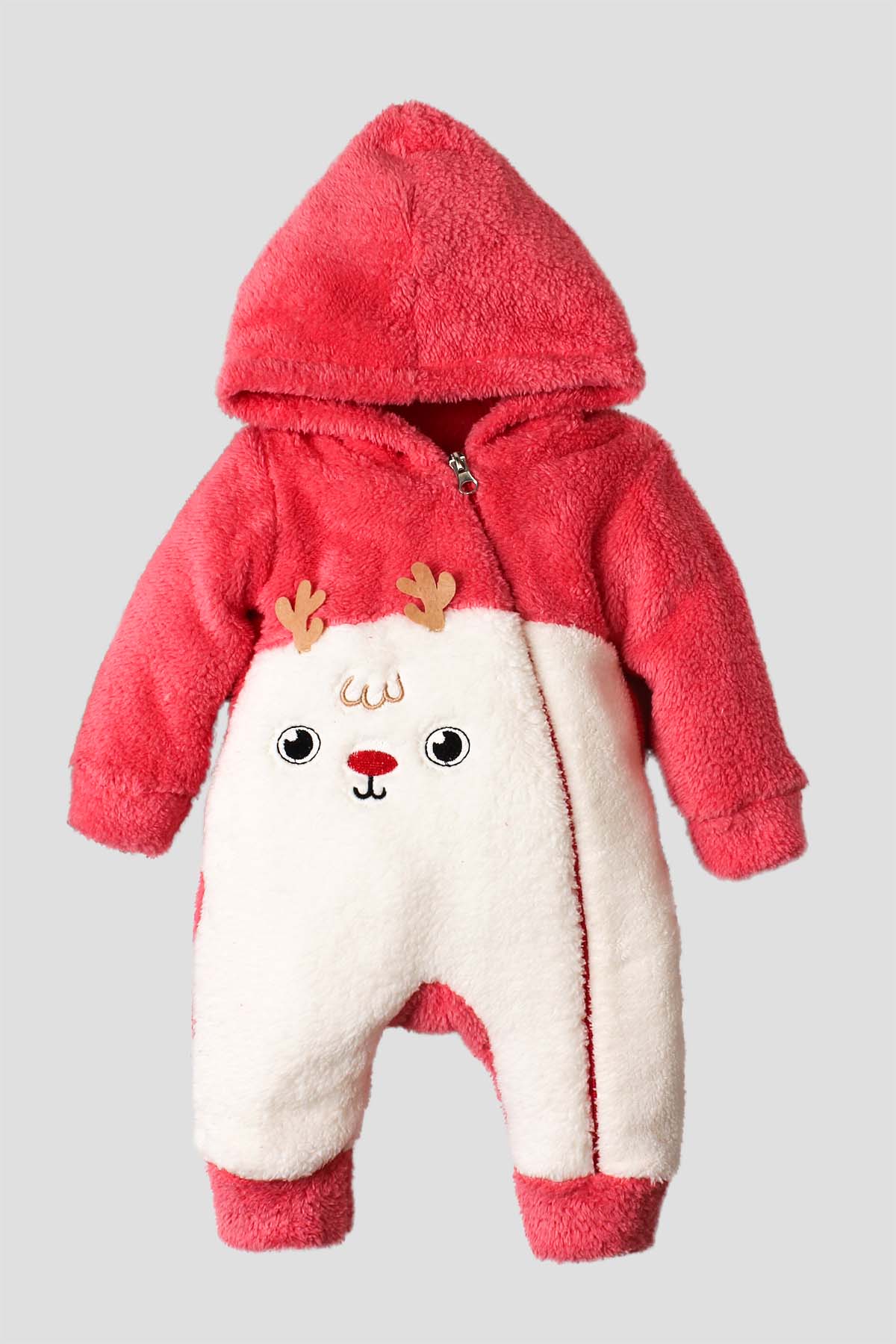 Kız Bebek Geyik Desenli Kalpli Sırt Detaylı Fermuarlı Peluş Tulum 0-12 Ay